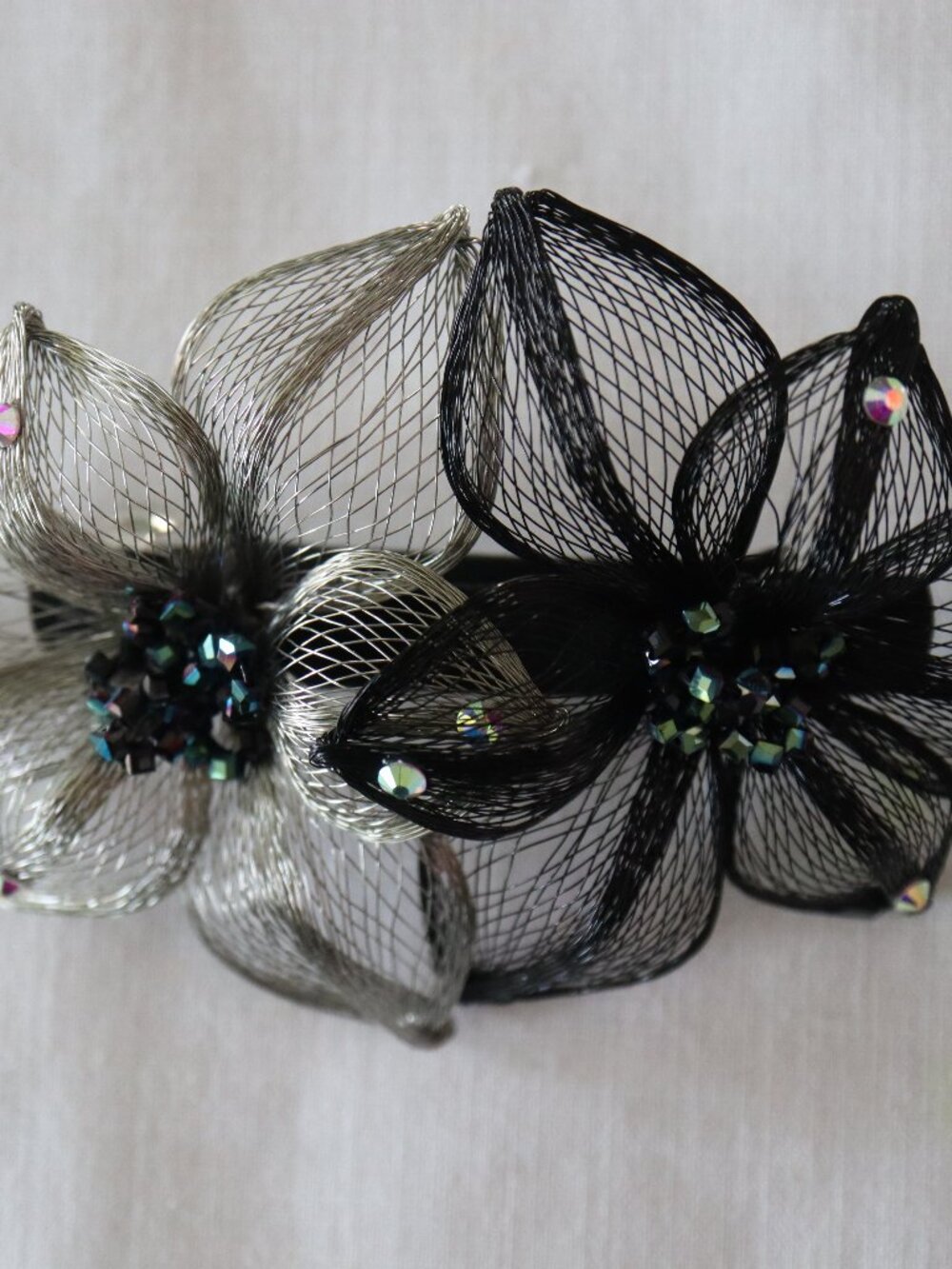 French Barrette Handmade black & silver copper wire rhinestones glass beads 5"x3